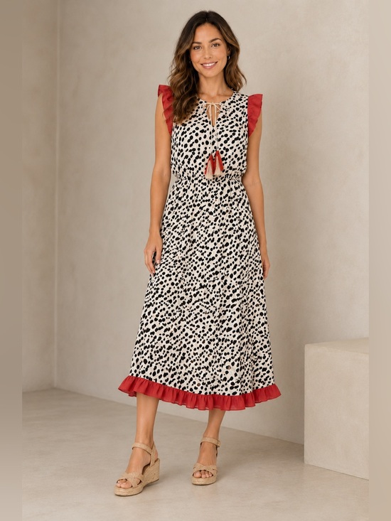 THML Dresses & Skirts - THML Boutique Dalmatian Print Midi Dress with Red Ruffle Trim Tassel Tie Size XS